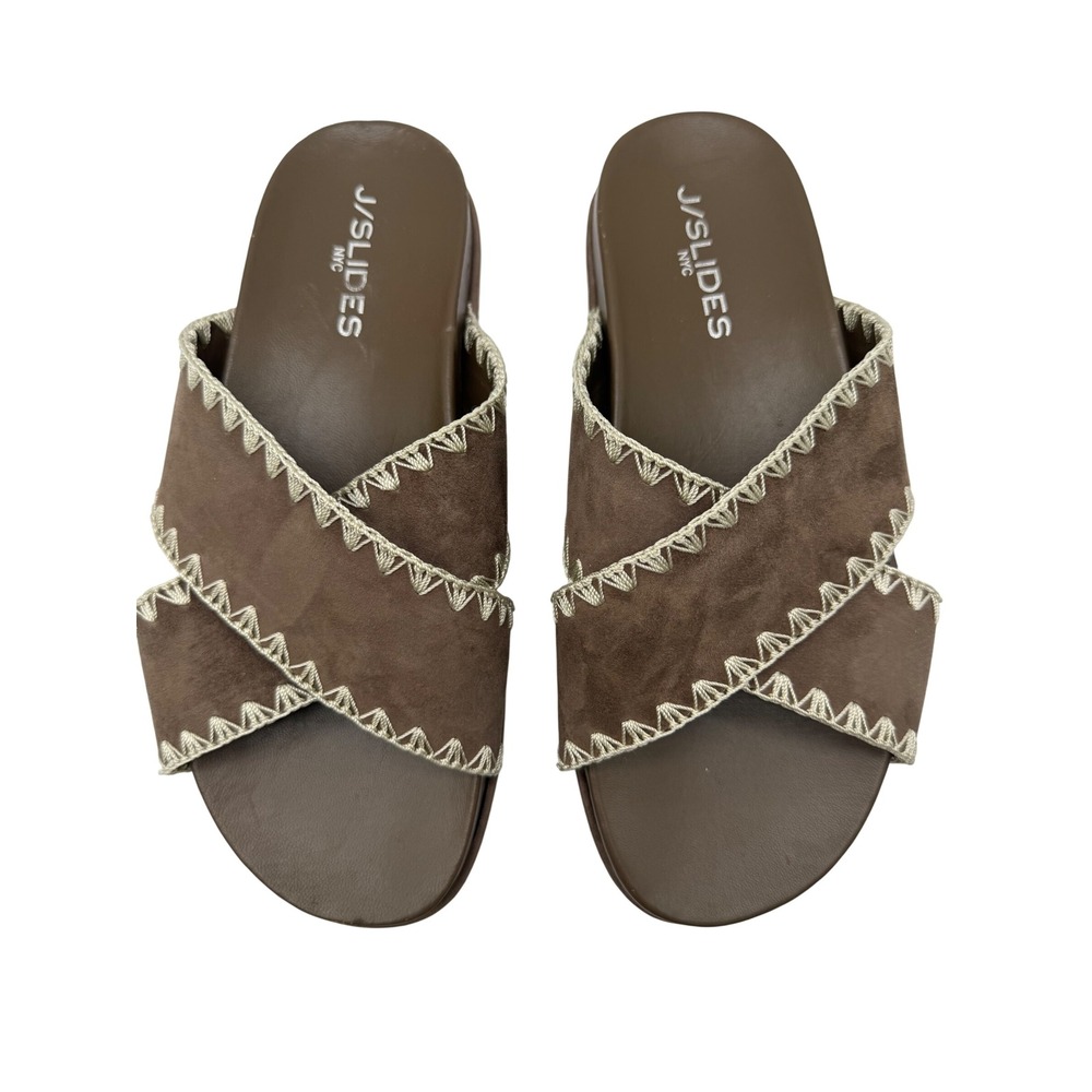 J/Slides NYC Platform Sandals Womens 8.5 Brown Excellent Whipstitch Suede Slides